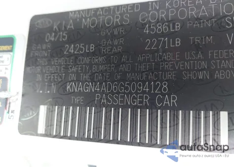 2016 Kia Optima Hybrid Ex from USA, damaged, VIN KNAGN4AD6G5094128